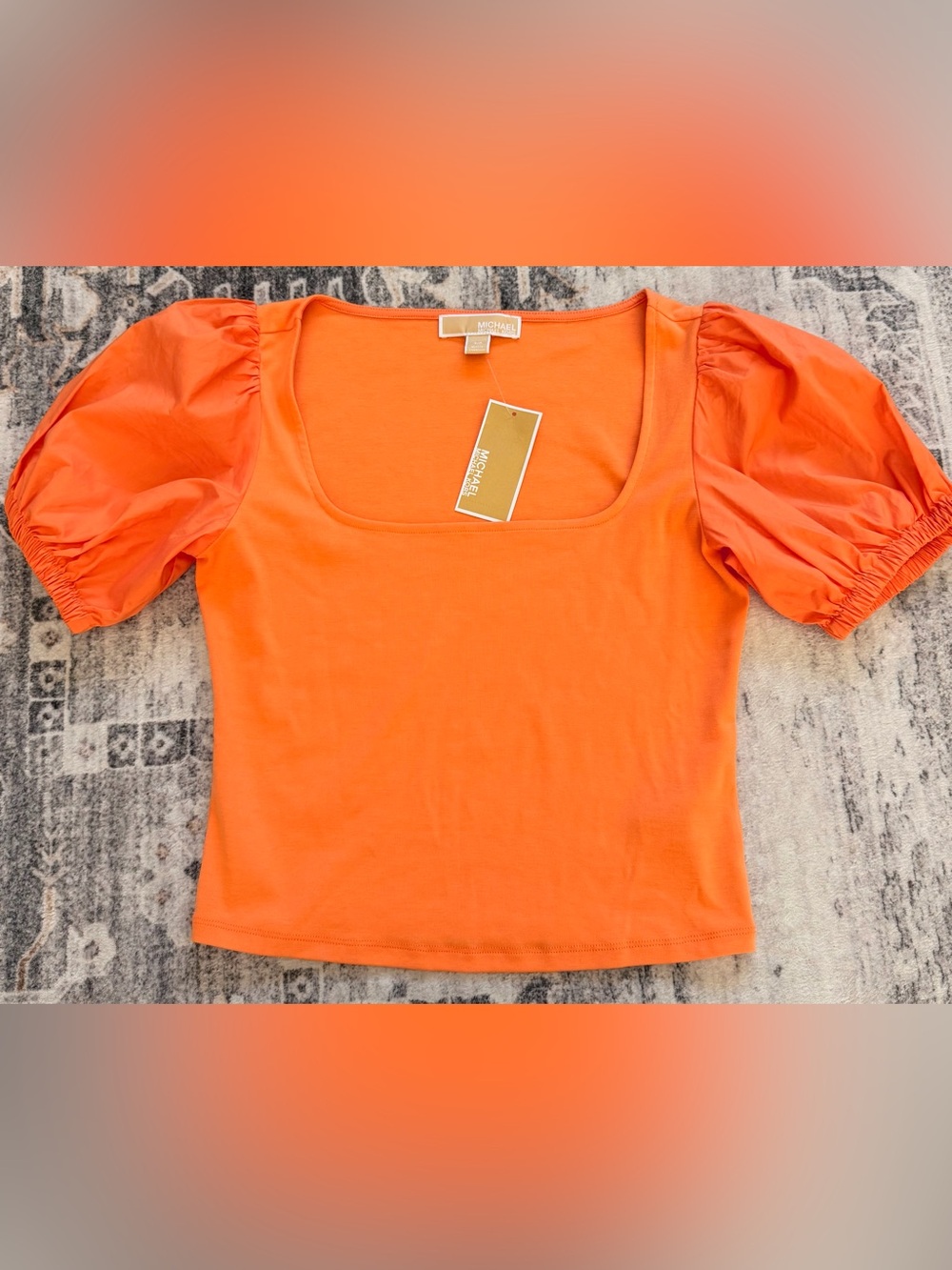 Michael Kors Women’s Orange Puff-Sleeve Square Neck Top Size S/P